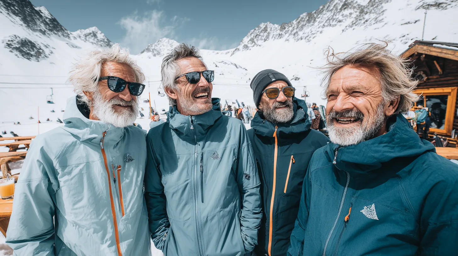 Midcent: En grupp medelålders män har kul i en naturskön skidort med snötäckta berg i bakgrunden. De är klädda i