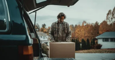 Midcent: En medelålders man packar en låda från sin bil. Höstmiljö med färgglada löv och ett bostadsområde i bakgrunden. Illustration av vardagsliv och logistik. Kategori: Samhälle.