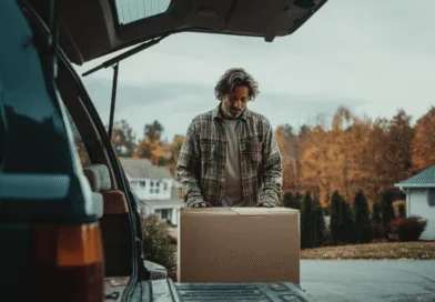 Midcent: En medelålders man packar en låda från sin bil. Höstmiljö med färgglada löv och ett bostadsområde i bakgrunden. Illustration av vardagsliv och logistik. Kategori: Samhälle.