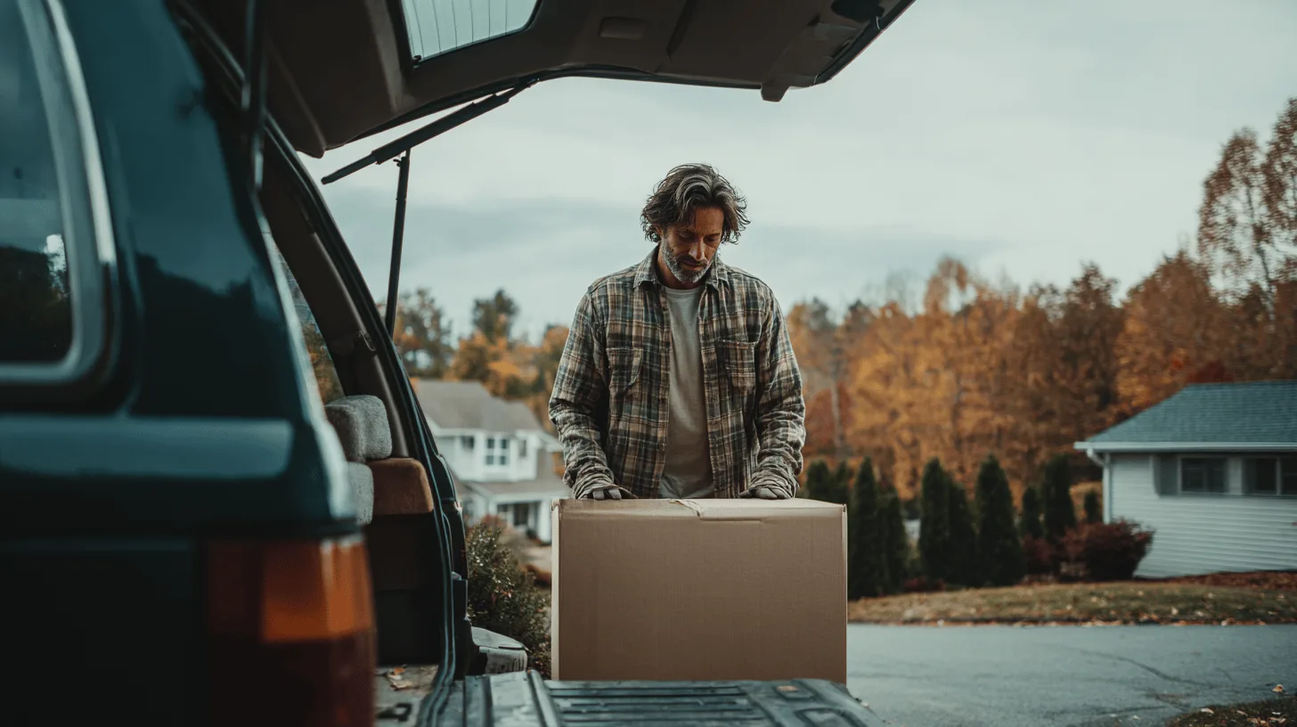 Midcent: En medelålders man packar en låda från sin bil. Höstmiljö med färgglada löv och ett bostadsområde i bakgrunden. Illustration av vardagsliv och logistik. Kategori: Samhälle.