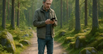 Midcent: En medelålders man går med sin smartphone i en grön, lummig skog. Natur och teknologi möts i en fridfull miljö, vilket främjar avkoppling. Perfekt för naturälskare och teknikintresserade. Kategori: Samhälle.