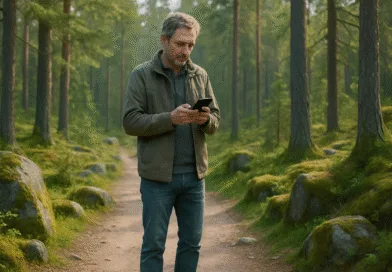 Midcent: En medelålders man går med sin smartphone i en grön, lummig skog. Natur och teknologi möts i en fridfull miljö, vilket främjar avkoppling. Perfekt för naturälskare och teknikintresserade. Kategori: Samhälle.