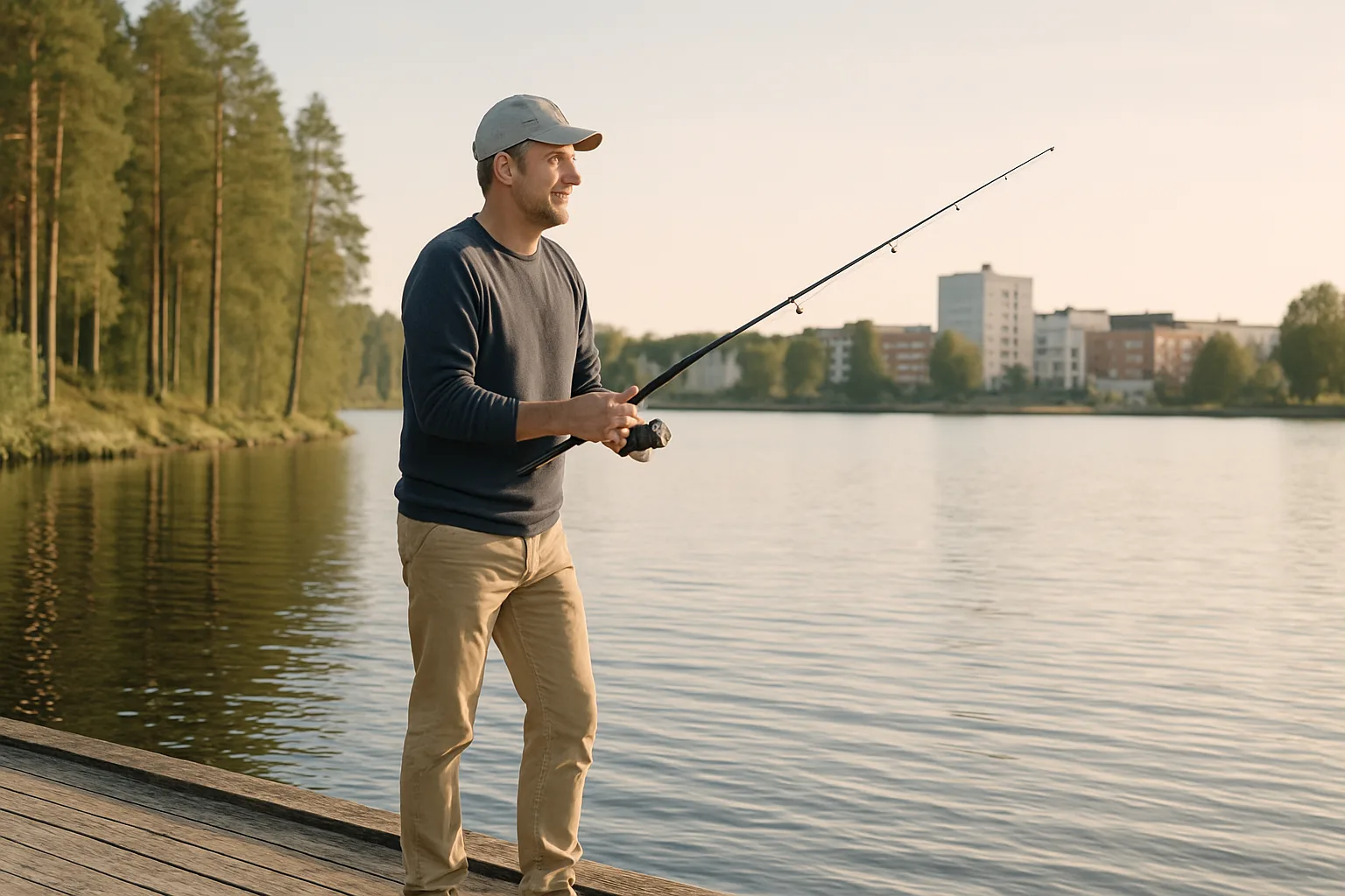 En medelålders man fiskar vid en sjö med en urban bakgrund av byggnader och skog. Solnedgången skapar en avkopplande atmosfär. Perfekt för att fånga ro och friluftsliv. Midcent. Kategori: Underhållning.