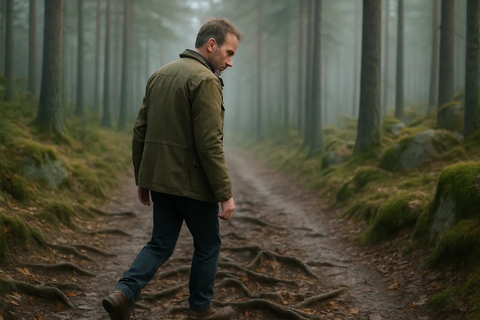 Midcent - En medelålders man i en frodig, dimmig skogsmiljö på en stig omgiven av träd och rötter, vilket återspeglar en känsla av äventyr och naturutforskning. Resa.