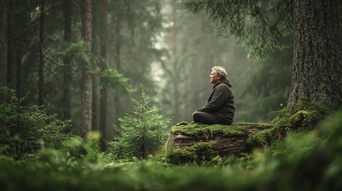 En medelålders man mediterar i en grönskande skog, vilket skapar en lugn och andlig atmosfär. Perfekt för naturälskare och de som söker inre frid. Midcent. Kategori: Hälsa.