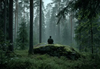 Midcent: En medelålders man sitter på en mossbelagd sten i en tät, grön skog. Den dimmiga atmosfären ger en känsla av lugn och eftertanke. Naturmiljö och meditation illustreras perfekt. Kategori: Resa.