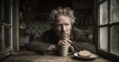 En medelålders man sitter vid ett fönster med en kopp och bröd. Bilden förmedlar en känsla av lugn och reflektion. Perfekt