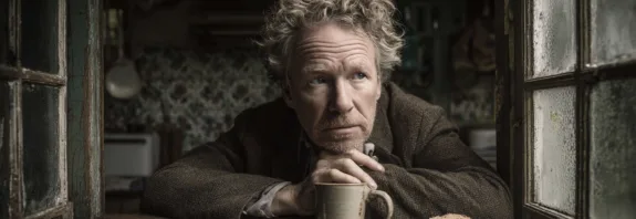 En medelålders man sitter vid ett fönster med en kopp och bröd. Bilden förmedlar en känsla av lugn och reflektion. Perfekt