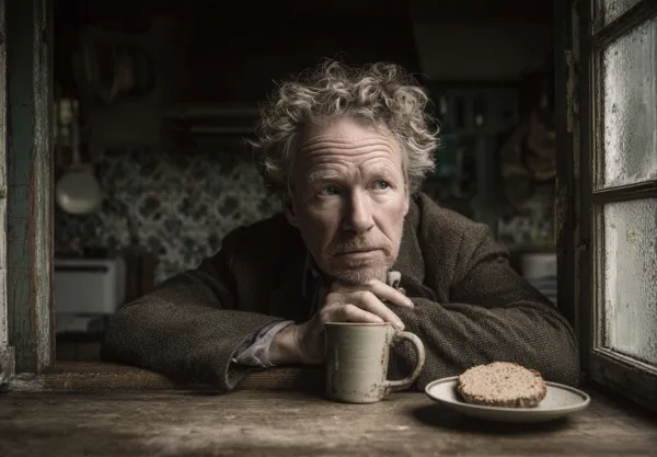 En medelålders man sitter vid ett fönster med en kopp och bröd. Bilden förmedlar en känsla av lugn och reflektion. Perfekt