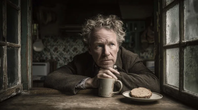 En medelålders man sitter vid ett fönster med en kopp och bröd. Bilden förmedlar en känsla av lugn och reflektion. Perfekt