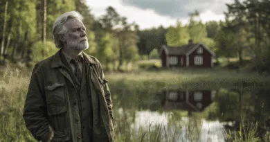 Midcent: En medelålders man står i en naturskön svensk landskap vid en liten sjö, med en röd stuga i bakgrunden. Solnedgångens ljus ger en varm stämning. Kategori: Resa.