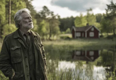 Midcent: En medelålders man står i en naturskön svensk landskap vid en liten sjö, med en röd stuga i bakgrunden. Solnedgångens ljus ger en varm stämning. Kategori: Resa.