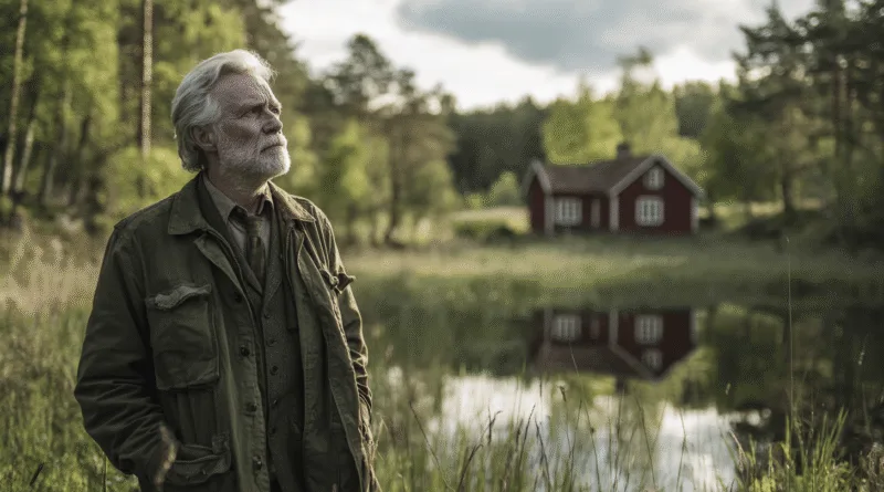 Midcent: En medelålders man står i en naturskön svensk landskap vid en liten sjö, med en röd stuga i bakgrunden. Solnedgångens ljus ger en varm stämning. Kategori: Resa.