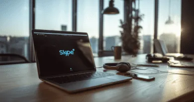 Midcent: Arbetshörna med modern teknik inklusive bärbar dator med Skype, hörlurar och smartphone. Perfekt för digital kommunikation och produktivitet i en ljus kontorsmiljö med panoramautsikt. Teknik.