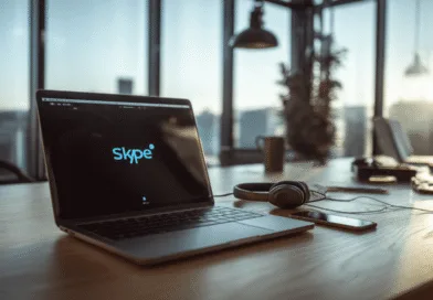 Midcent: Arbetshörna med modern teknik inklusive bärbar dator med Skype, hörlurar och smartphone. Perfekt för digital kommunikation och produktivitet i en ljus kontorsmiljö med panoramautsikt. Teknik.