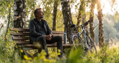 Midcent visar en medelålders man som sitter på en bänk i naturen, omgiven av gröna träd och cyklar. Denna scen förmedlar lugn och avkoppling, perfekt för friluftsentusiaster.Kategori: Samhälle.