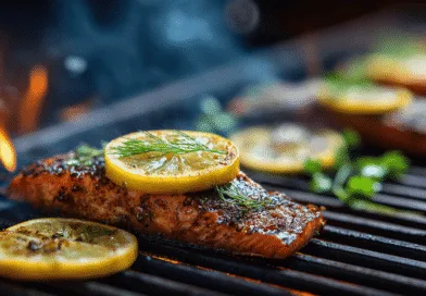 Midcent: Saftiga laxbitar med citron och dill grillas över öppen eld för en smakrik och aromatisk upplevelse. Den perfekt grillade fisken presenteras med färska örter, vilket gör den till ett perfekt val för alla måltider. Kategori: Mat.