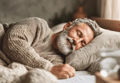 Midcent: En medelålders man njuter av en lugn och vilsam sömn i en mysig miljö. Bilden förmedlar känslan av komfort och avkoppling, perfekt för hälso- och välbefinnandeinnehåll. Kategori: Hälsa.