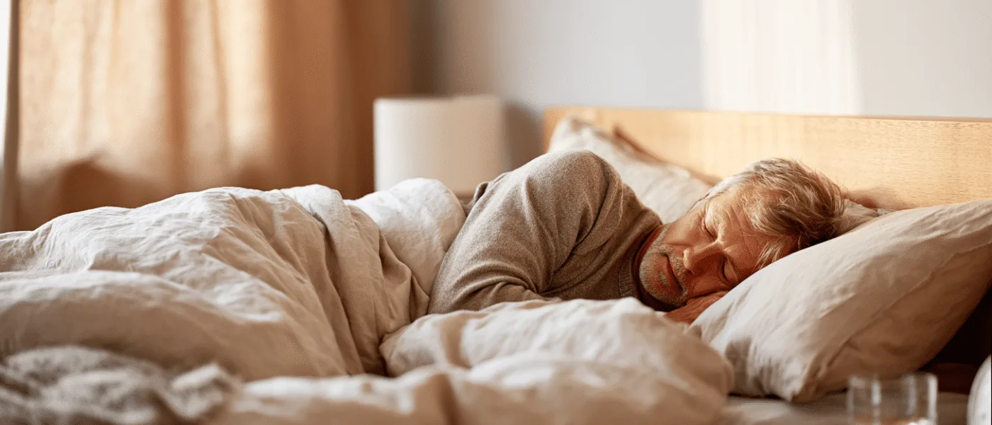 Midcent: En medelålders man sover lugnt i en mysig säng, omgiven av mjuka kuddar och varmt dagsljus. Bilden utstrålar vila och komfort, perfekt för att illustrera vikten av sömn och återhämtning. Kategori: Hälsa.