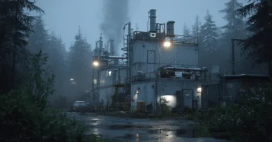 Midcent presenterar en mystisk industribyggnad fångad i skymningen, omgiven av tät skog och dimma, med rök som stiger från skorstenarna. Scenen skapar en dramatisk, avlägsen atmosfär. Kategori: Samhälle.