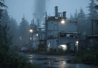 Midcent presenterar en mystisk industribyggnad fångad i skymningen, omgiven av tät skog och dimma, med rök som stiger från skorstenarna. Scenen skapar en dramatisk, avlägsen atmosfär. Kategori: Samhälle.