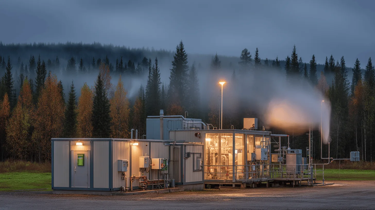 Midcent: En modern industribyggnad omgiven av dimmiga skogar, där teknik och natur möts i en harmonisk balans. En inspirationskälla för hållbar energiutveckling. Teknik.