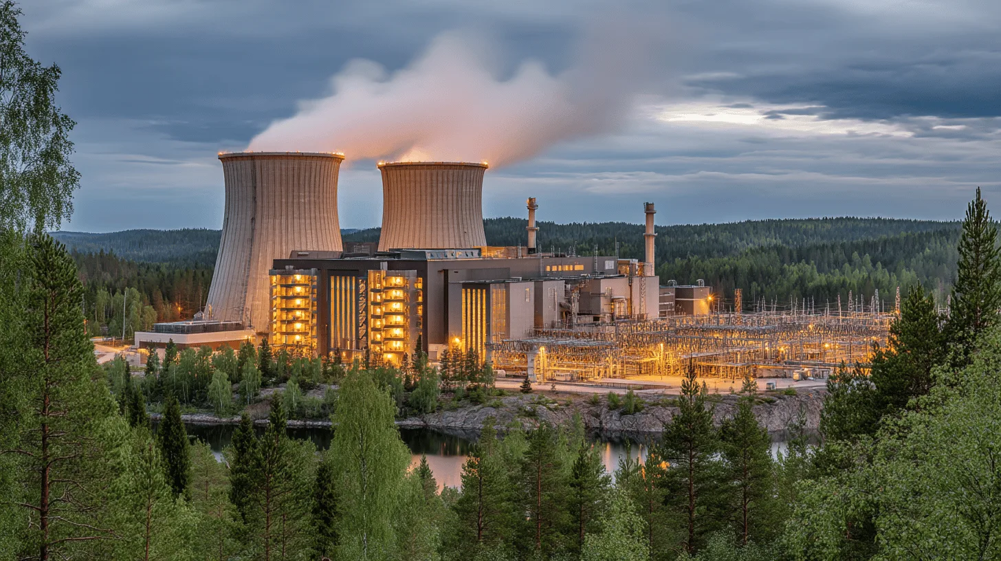 Midcent: Ett kärnkraftverk avbildat i skymningen, omgivet av grönskande skogar. De stora kyltornen skapar en imponerande siluett under en dramatisk himmel. Modern energiteknik i harmoni med naturen. Kategori: Teknik.