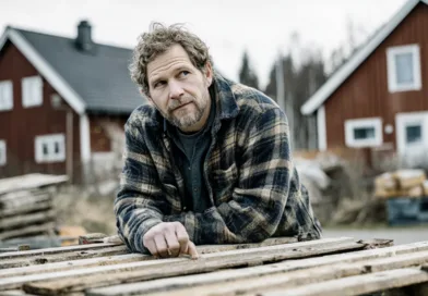 Midcent: En vuxen man som arbetar med trä, omgiven av natur och skandinavisk arkitektur. Kategorin är Samhälle.