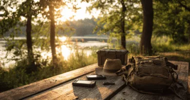 Midcent: En pittoresk picknickplats vid vattnet med ryggsäck, hatt och utrustning på ett träbord i solnedgången. Naturens lugn och äventyr möts för en stämningsfull stund utomhus. Kategori: Resa.