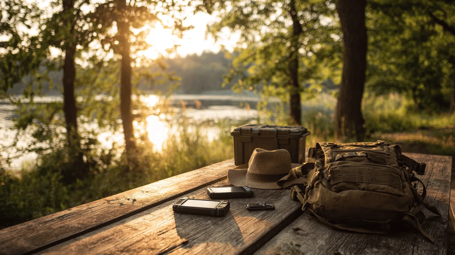 Midcent: En pittoresk picknickplats vid vattnet med ryggsäck, hatt och utrustning på ett träbord i solnedgången. Naturens lugn och äventyr möts för en stämningsfull stund utomhus. Kategori: Resa.