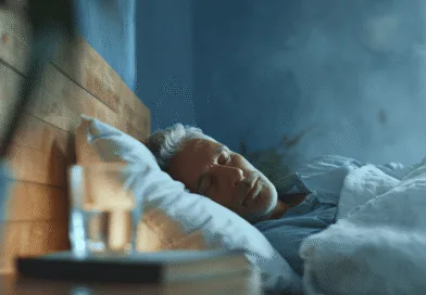 Midcent: En medelålders man sover fridfullt i en säng med blått ljus som ger en känsla av lugn och avkoppling. En bok och ett glas vatten syns på sängbordet. Kategori: Hälsa.