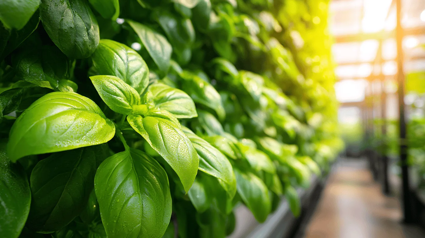 Midcent: Grönska och växter växer frodigt i ett växthus, med fokus på livfulla basilika. Perfekt för hållbart jordbruk och odling. Lummigt ljus filtrerar genom fönstren, vilket främjar tillväxt och näring. Kategori: Mat.
