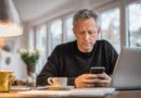 Midcent: En medelålders man i hemtrevlig miljö fokuserad på mobiltelefon och bärbar dator, omgivet av kaffekoppar och ljus inredning. Bilden fångar modern digital livsstil och teknologi i vardagen. Kategori: Teknik.