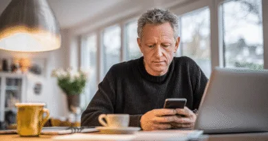 Midcent: En medelålders man i hemtrevlig miljö fokuserad på mobiltelefon och bärbar dator, omgivet av kaffekoppar och ljus inredning. Bilden fångar modern digital livsstil och teknologi i vardagen. Kategori: Teknik.