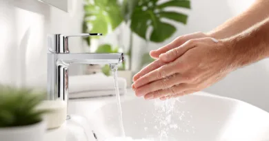 Midcent: En medelålders man tvättar händerna under rinnande vatten i ett modernt badrum. Handhygien och renlighet prioriteras mot en bakgrund av fräscha, gröna växter. Kategori: Hälsa.