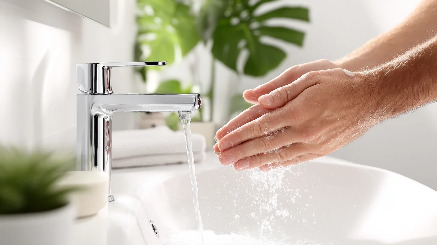 Midcent: En medelålders man tvättar händerna under rinnande vatten i ett modernt badrum. Handhygien och renlighet prioriteras mot en bakgrund av fräscha, gröna växter. Kategori: Hälsa.