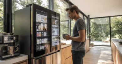 Midcent: En medelålders man interagerar med ett smart kylskåp i ett modernt kök, vilket visar digitala skärmar med matvaror och recept, omgiven av naturligt ljus. Teknik.