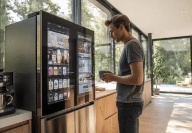 Midcent: En medelålders man interagerar med ett smart kylskåp i ett modernt kök, vilket visar digitala skärmar med matvaror och recept, omgiven av naturligt ljus. Teknik.