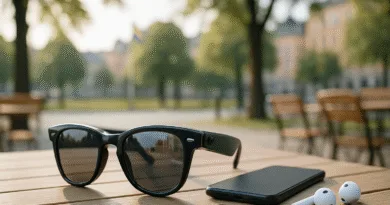 Midcent: Stilsäker teknikanvändning i soligt parkmiljö. Solglasögon, smartphone och trådlösa hörlurar på träbord ger en modern känsla av innovation och fritid. Teknik.