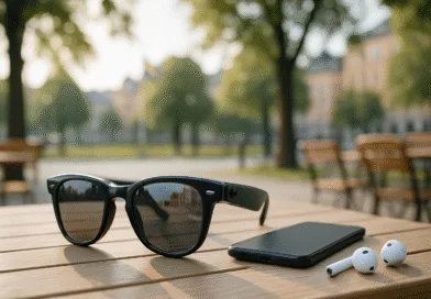 Midcent: Stilsäker teknikanvändning i soligt parkmiljö. Solglasögon, smartphone och trådlösa hörlurar på träbord ger en modern känsla av innovation och fritid. Teknik.