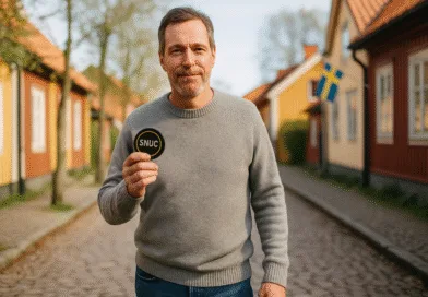 En medelålders man står på en pittoresk gata, klädd i en grå tröja och håller en öppen snusdosa med ett leende. Perfekt höstmiljö i bakgrunden med traditionella svenska hus. Midcent. Kategori: Samhälle.