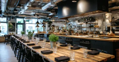 Modern restauranginteriör hos Midcent med rustika träbord, eleganta svarta stolar och dekorativa växter. Luftigt utrymme med