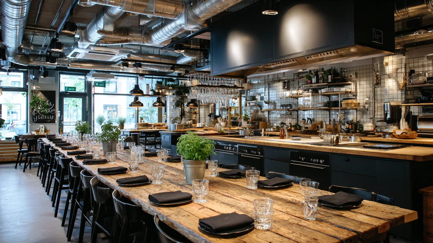 Modern restauranginteriör hos Midcent med rustika träbord, eleganta svarta stolar och dekorativa växter. Luftigt utrymme med