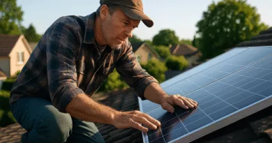 En medelålders man installerar solpaneler på ett hustak under en solig dag, vilket illustrerar hållbar energianvändning och grön teknik. Nyckelord inkluderar solpaneler, installation, förnybar energi.Midcent: Teknik.