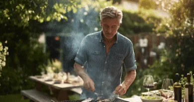 Midcent: En medelålders man grillar sardiner ute i en solig trädgård, vilket ger en känsla av somrig avkoppling. Det väldoftande och rökiga köket bjuder på en autentisk kulinarisk upplevelse. Kategori: Mat.