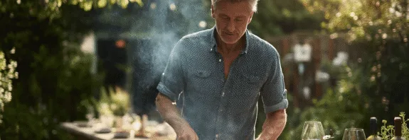 Midcent: En medelålders man grillar sardiner ute i en solig trädgård, vilket ger en känsla av somrig avkoppling. Det väldoftande och rökiga köket bjuder på en autentisk kulinarisk upplevelse. Kategori: Mat.