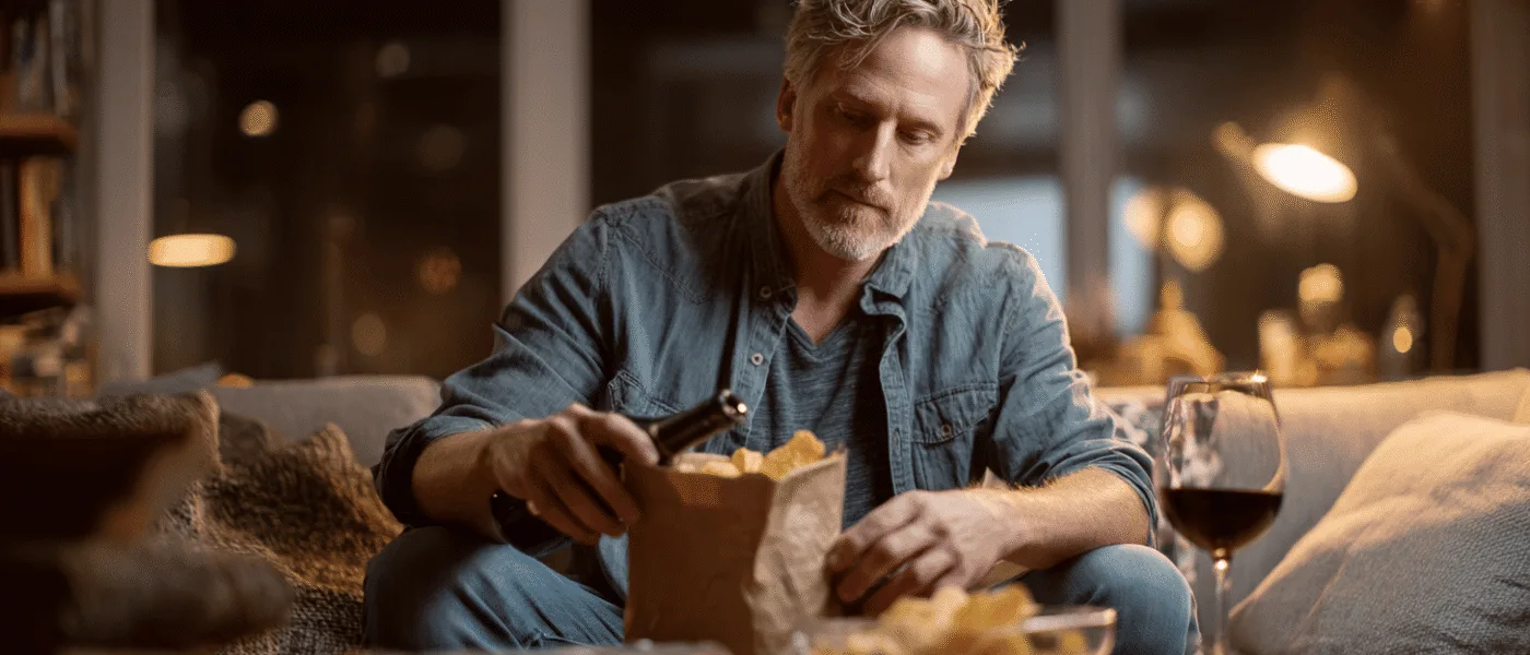 Midcent: En medelålders man avnjuter ett glas vin och snacks i ett mysigt vardagsrum. Stämningen är avslappnad med dämpad belysning, perfekt för en avkopplande kväll hemma. Kategori: Underhållning.