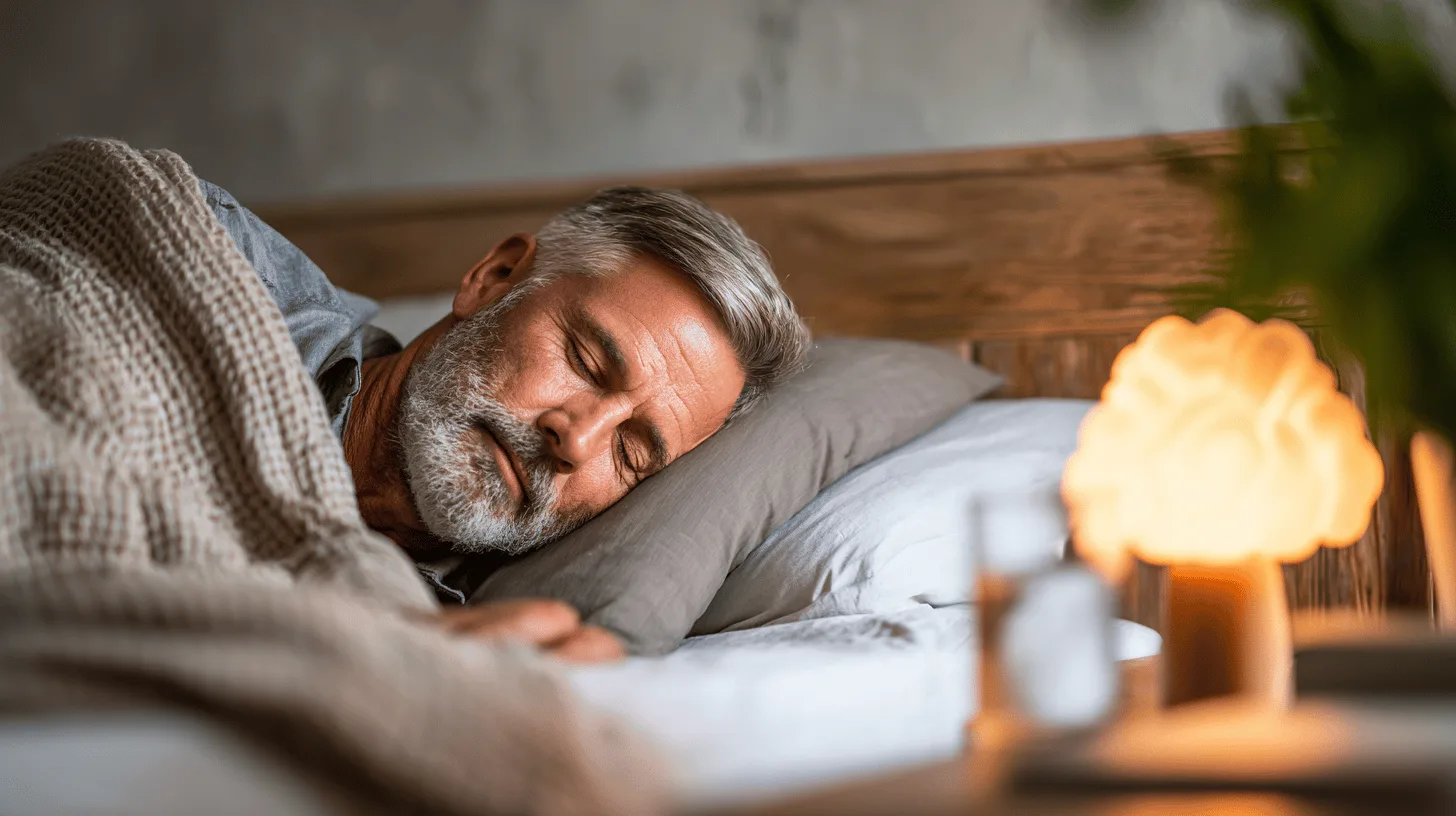 Midcent: En medelålders man sover fridfullt i en bekväm säng med dämpad belysning, vilket skapar en avslappnande atmosfär idealisk för återhämtning. Perfekt exempel på vikten av god sömn för välbefinnande. Kategori: Hä