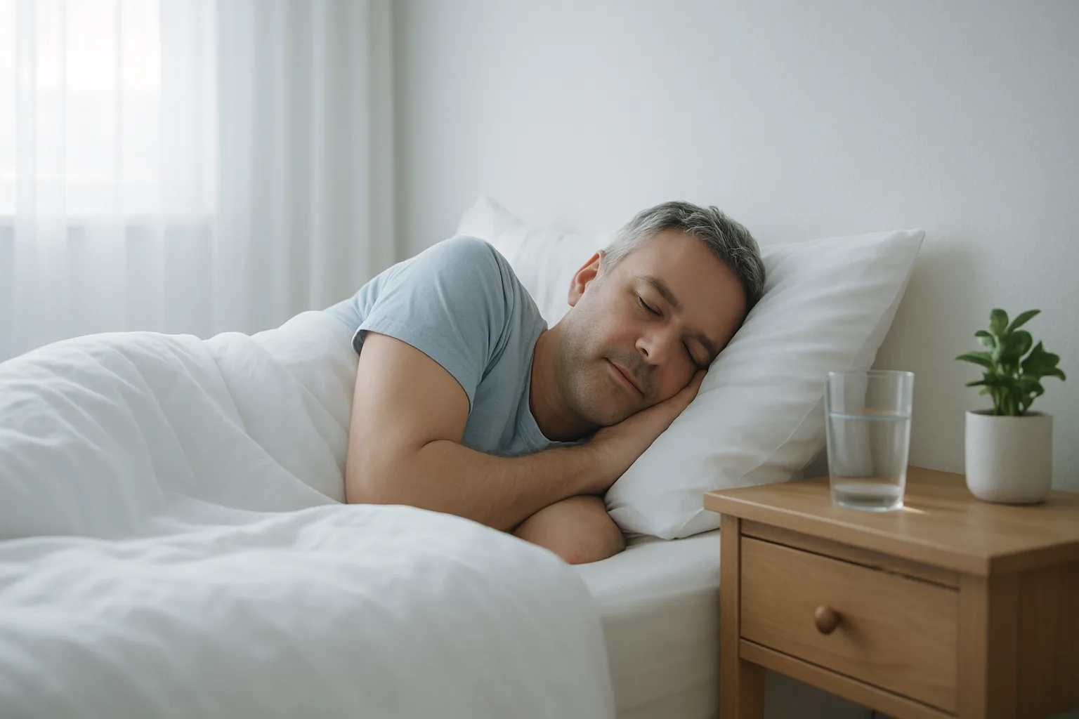 Midcent: En medelålders man sover fridfullt i en vitbäddad säng. Intill står ett glas vatten och en grön växt på ett nattduksbord i trä. Lugn atmosfär och vila betonas. Kategori: Hälsa.