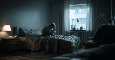 Midcent: En medelålders man sitter på sängkanten i ett stämningsfullt belyst sovrum, fylld av eftertanke. Harmonisk atmosfär med dämpade färger förstärker känslan av lugn och reflektion. Hälsa.